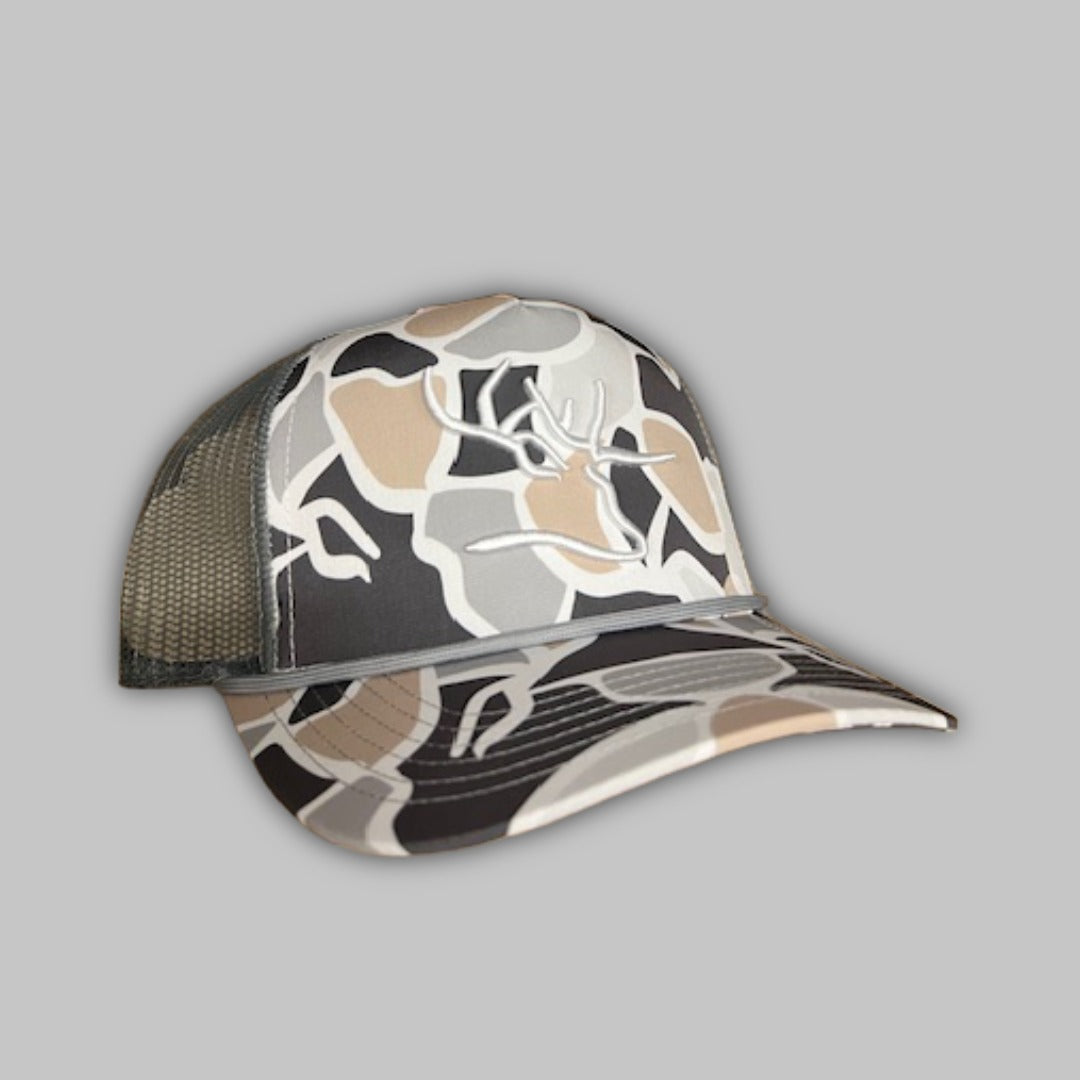 Hickory Camo trucker hat with rope detail and 3D puff embroidery logo.