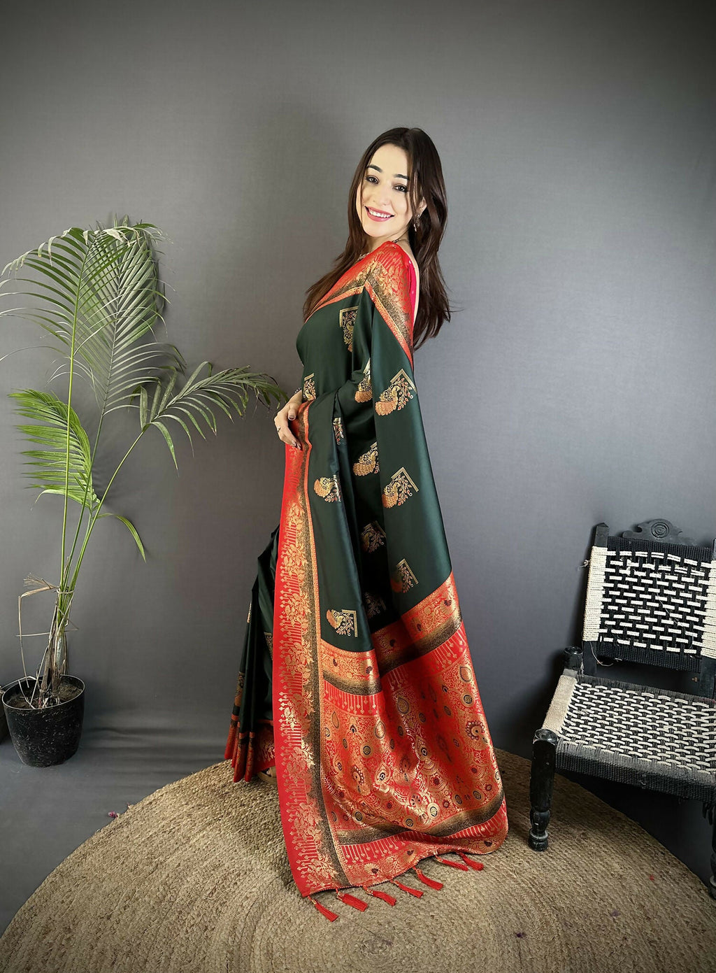 Dark Green Banarasi Soft Silk Peacock Butta Work Saree