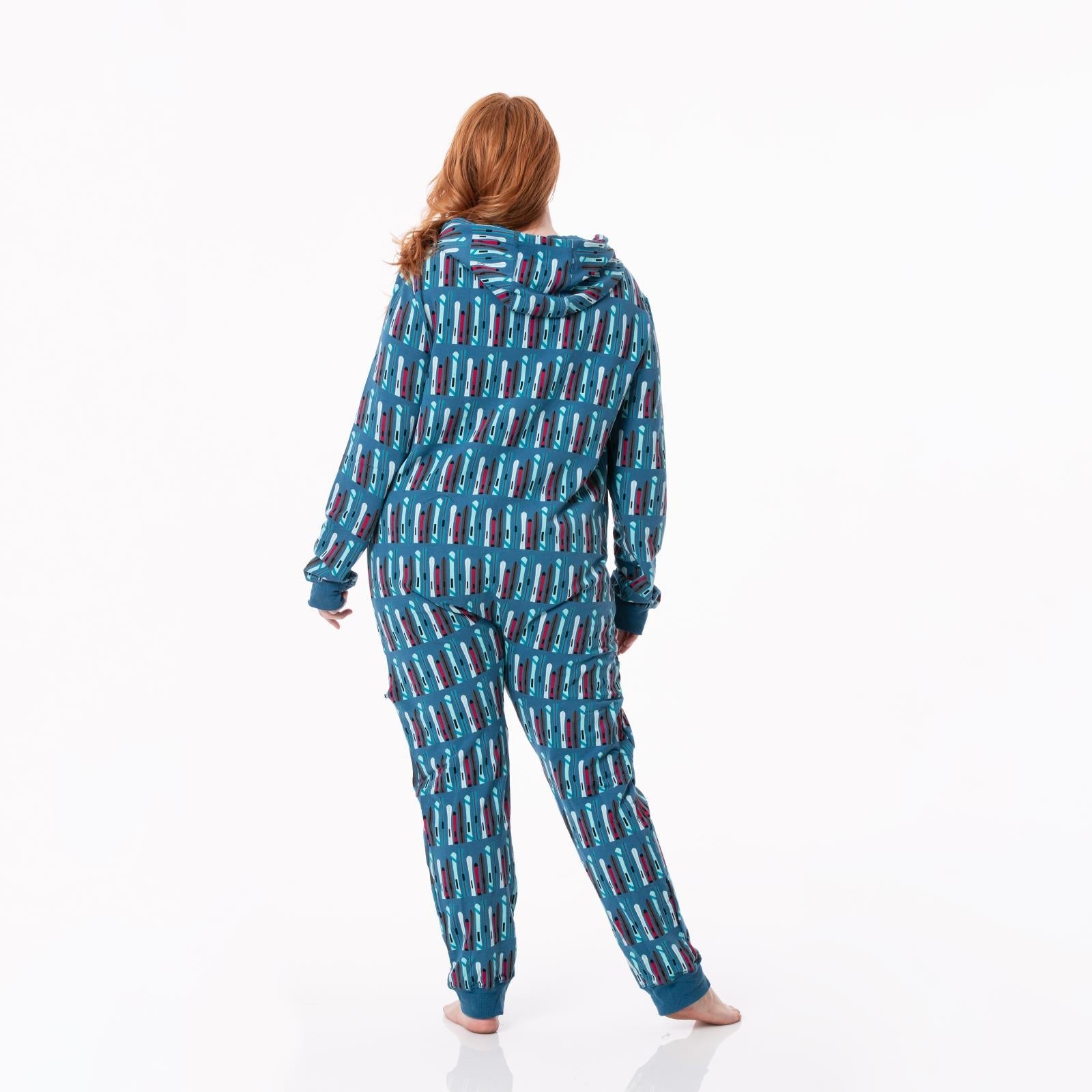 Print Adult Fleece Jumpsuit with Hood in Twilight Skis