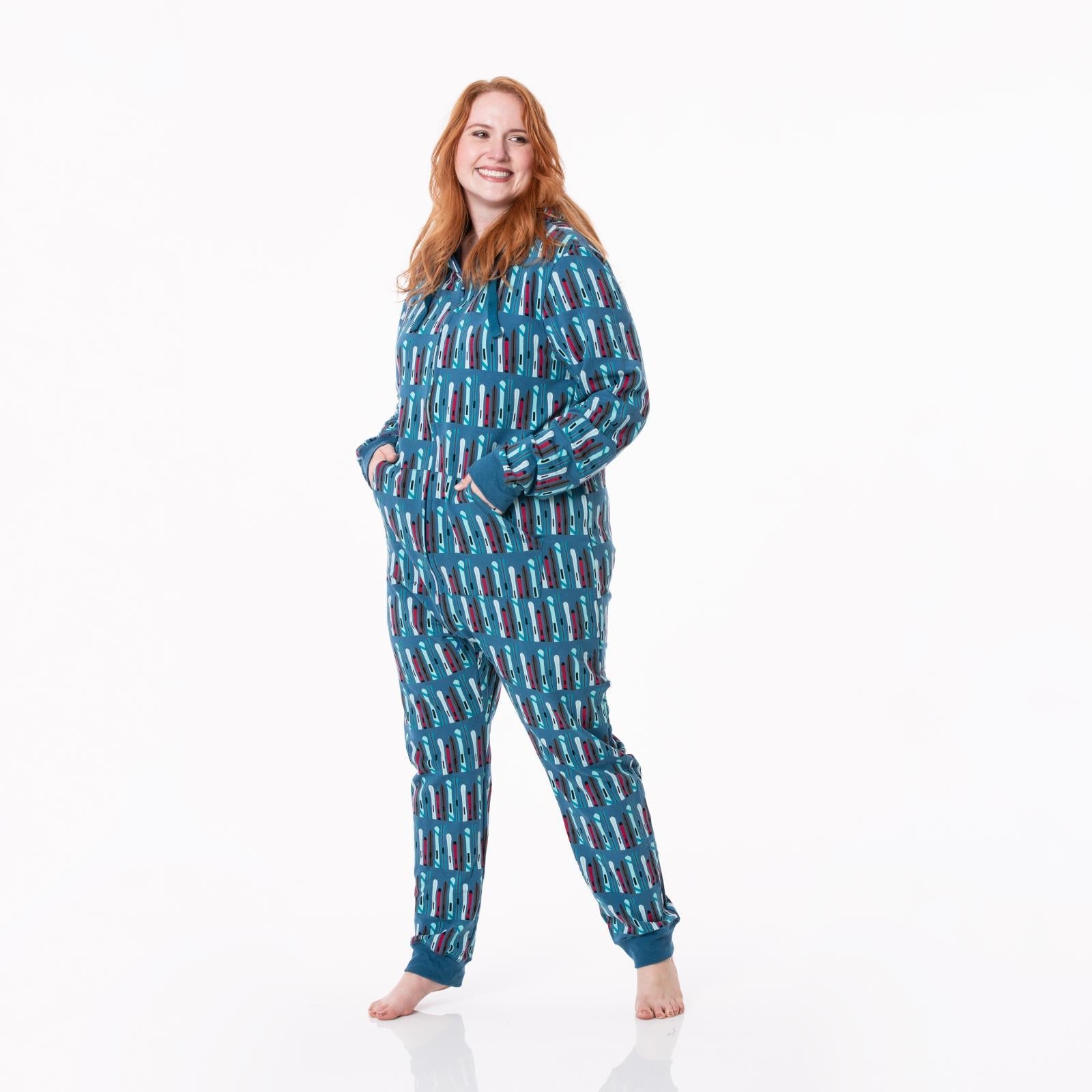 Print Adult Fleece Jumpsuit with Hood in Twilight Skis
