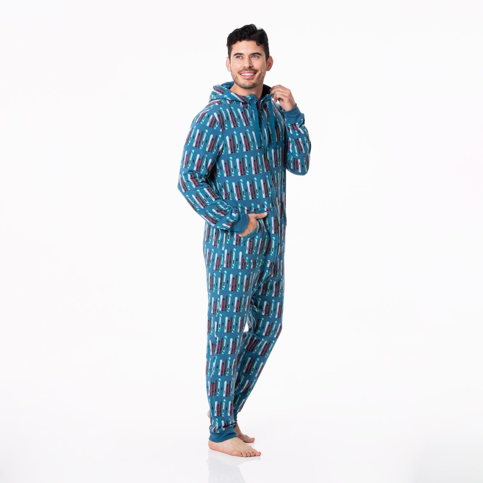 Print Adult Fleece Jumpsuit with Hood in Twilight Skis