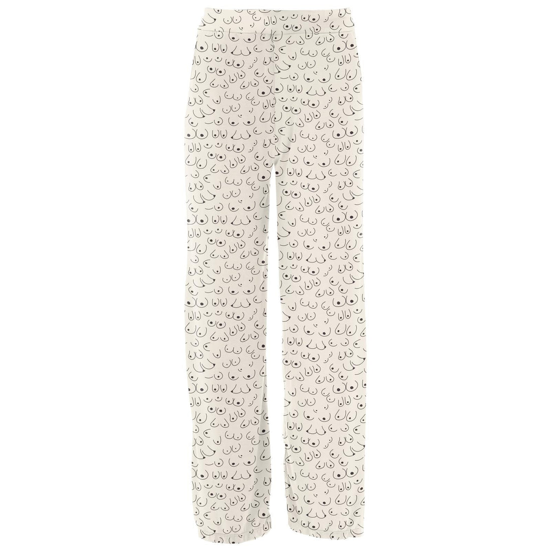 Women's pajama lounge pants featuring a black outline print of breasts on a cream background