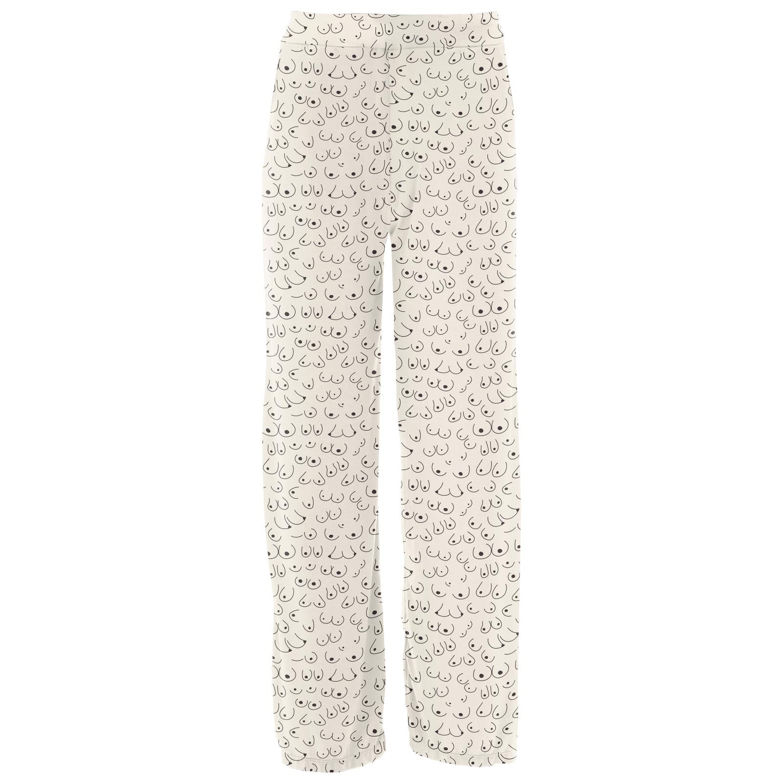 Women's pajama lounge pants featuring a black outline print of breasts on a cream background