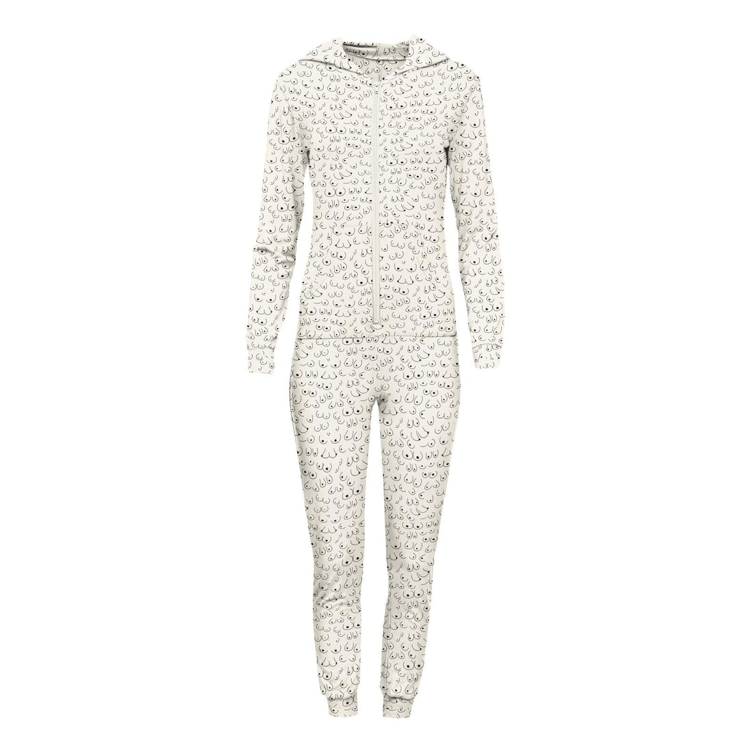 Women's long sleeve hooded jumpsuit with all-over Breast Cancer Awareness print design in a soft, relaxed fit.
