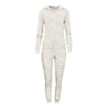 Women's long sleeve hooded jumpsuit with all-over Breast Cancer Awareness print design in a soft, relaxed fit.