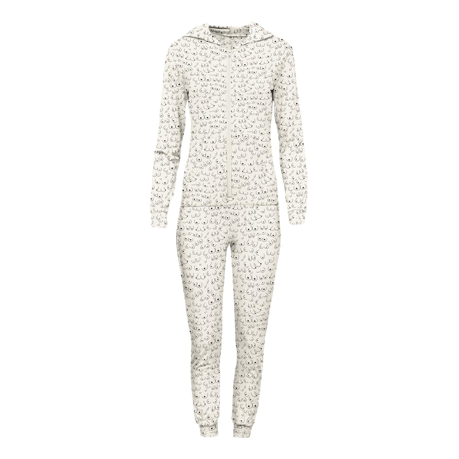 Women's long sleeve hooded jumpsuit with all-over Breast Cancer Awareness print design in a soft, relaxed fit.