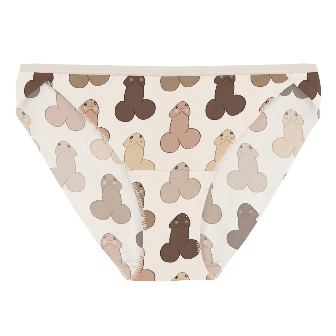 Women's low-rise bikini briefs featuring a playful prostate health awareness cartoon print on a light cream background.