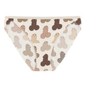 Women's low-rise bikini briefs featuring a playful prostate health awareness cartoon print on a light cream background.