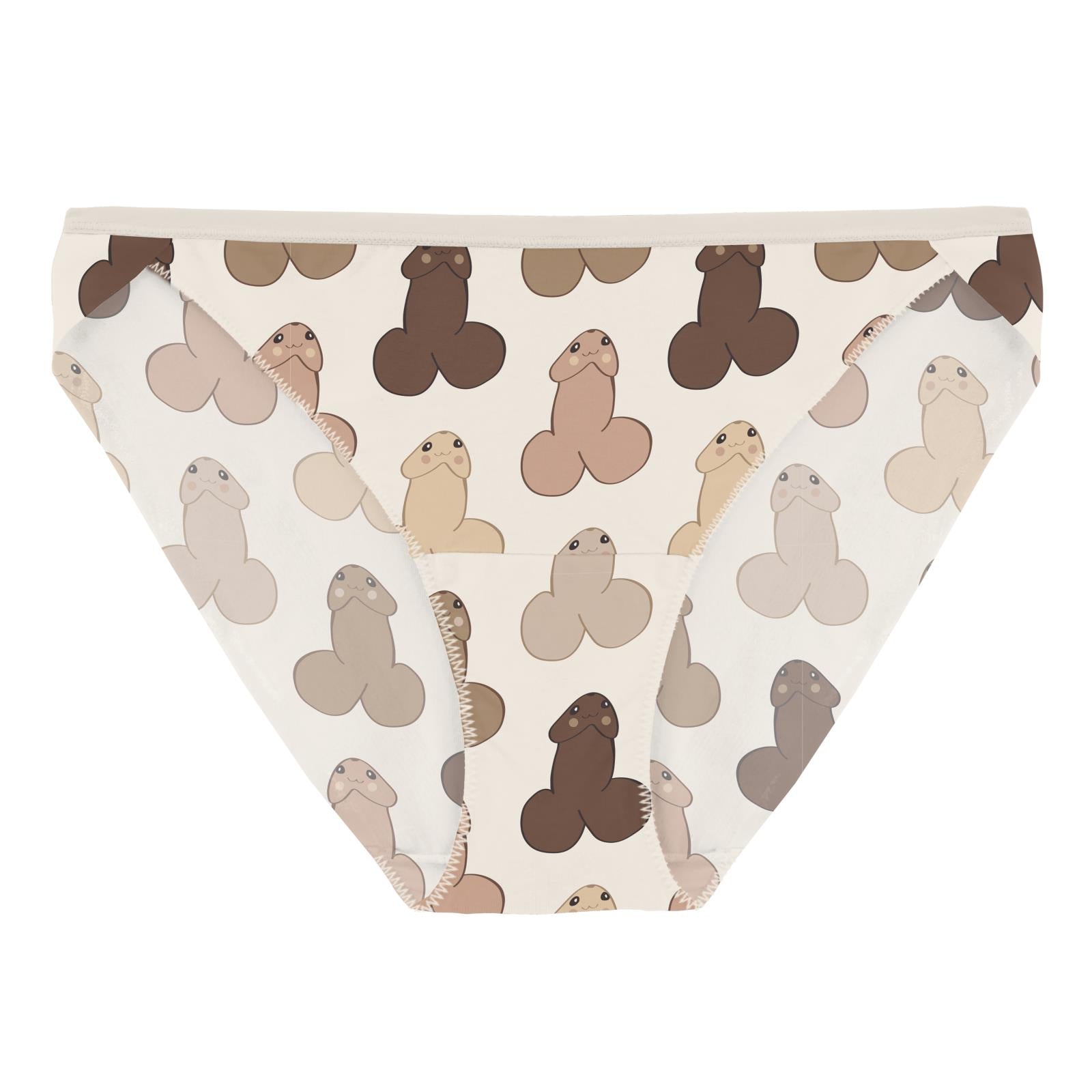 Women's low-rise bikini briefs featuring a playful prostate health awareness cartoon print on a light cream background.