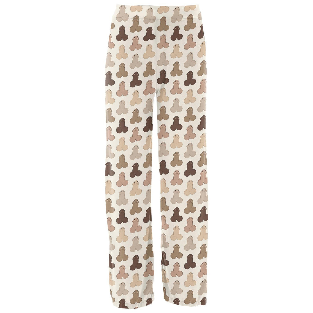 Women's comfortable pajama pants in a light cream color with a repeating brown and tan graphic print pattern.