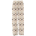Women's comfortable pajama pants in a light cream color with a repeating brown and tan graphic print pattern.