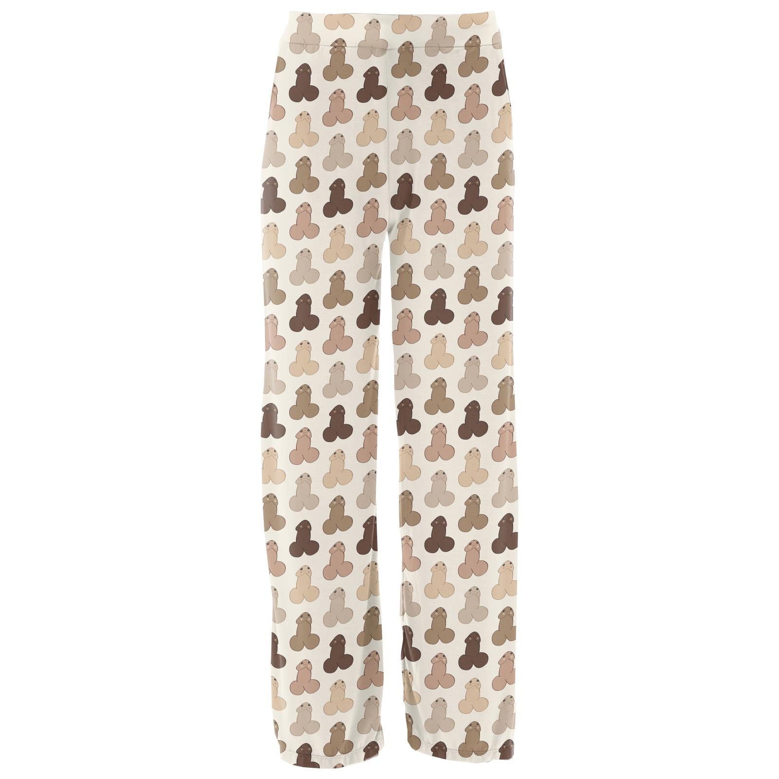 Women's comfortable pajama pants in a light cream color with a repeating brown and tan graphic print pattern.