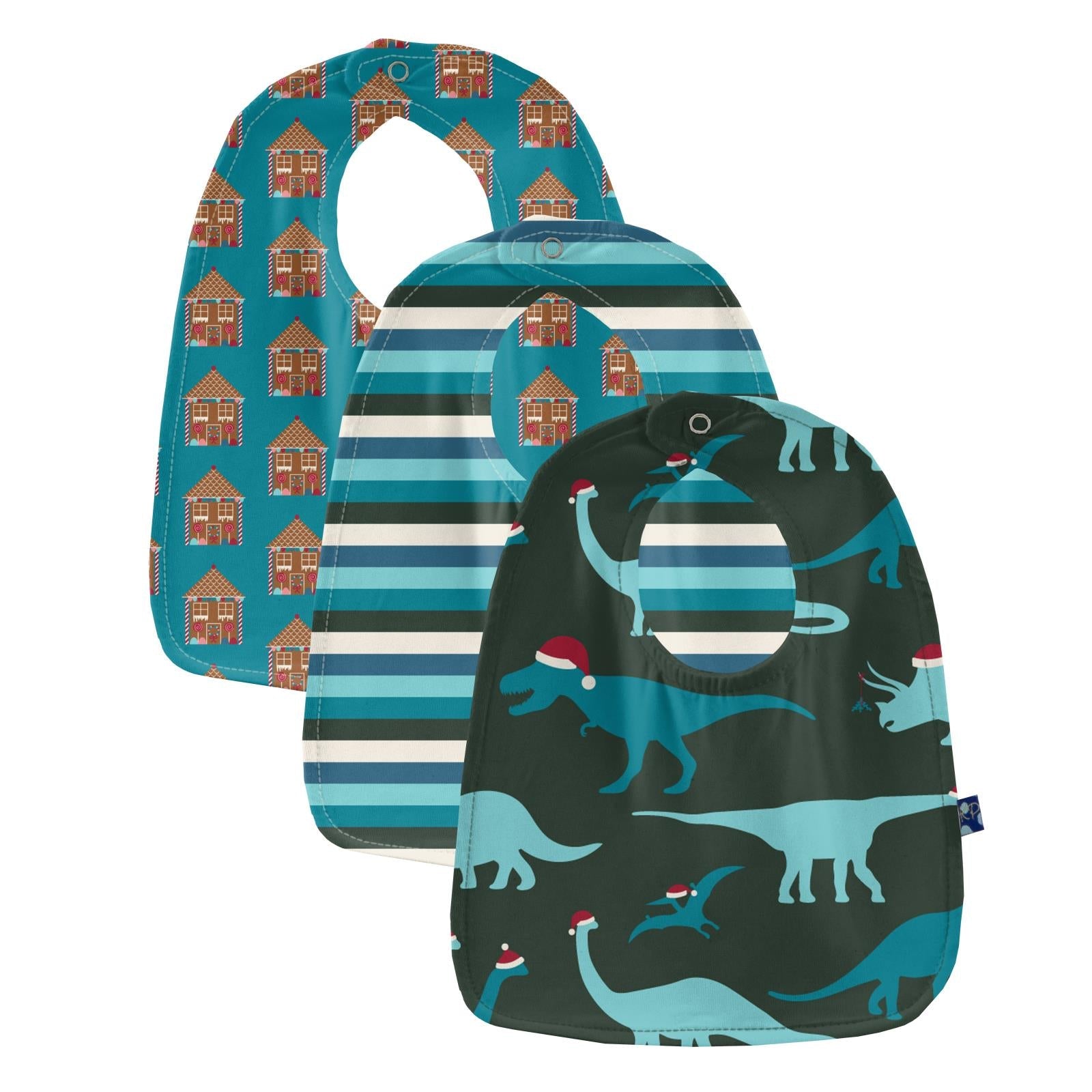 Bib Set in Bay Gingerbread, Ice Multi Stripe & Santa Dinos