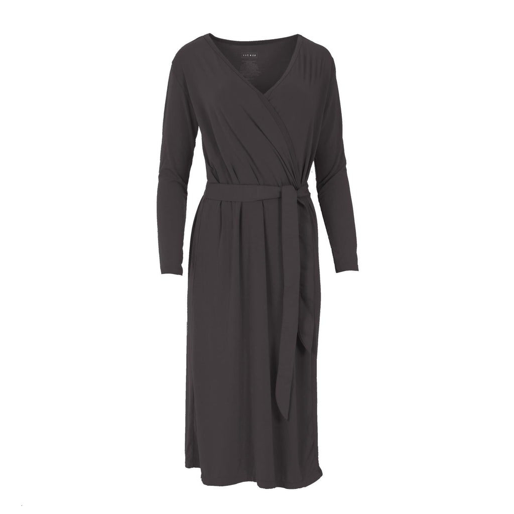 Women's basic wrap robe in solid midnight color featuring a tie waist and long sleeves