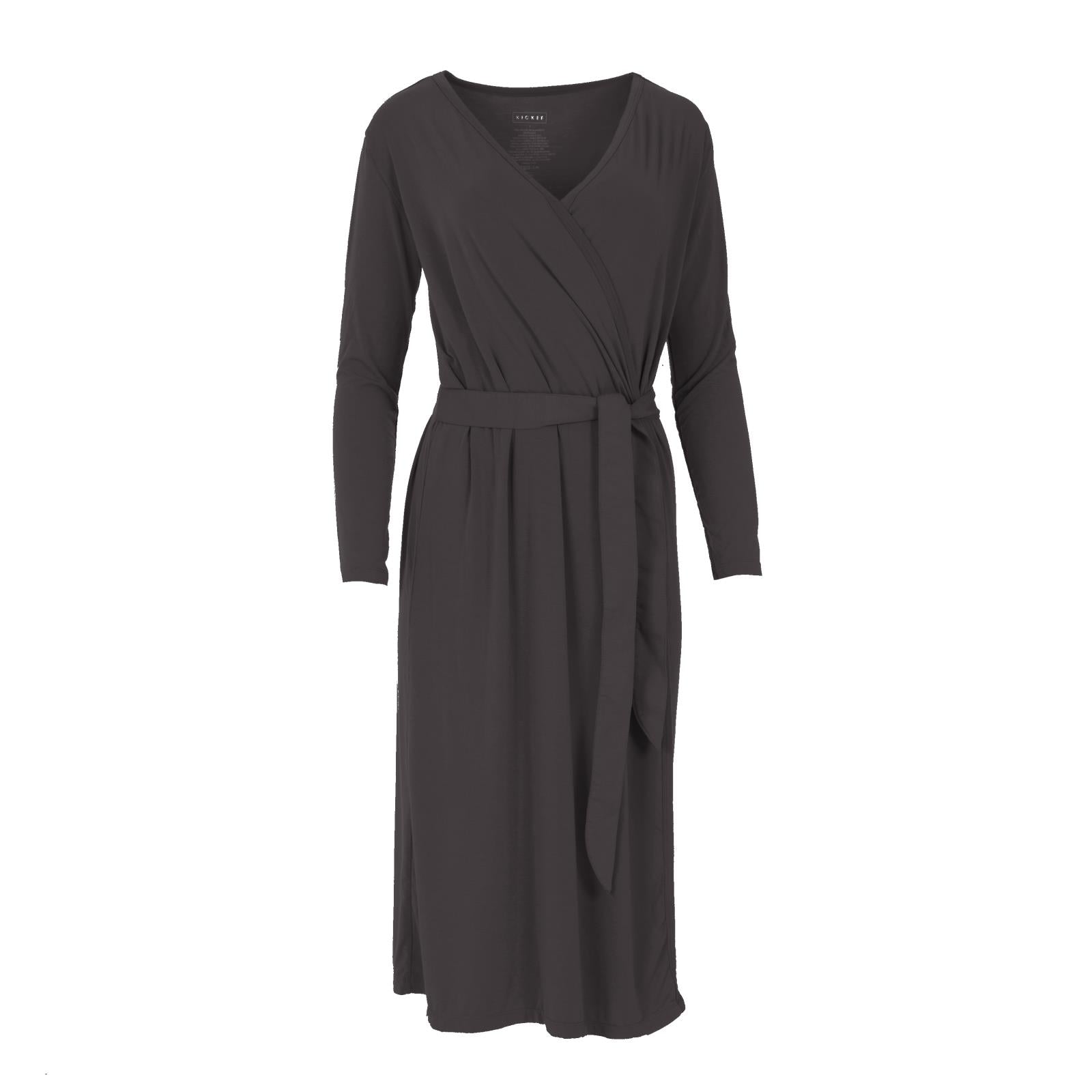 Women's basic wrap robe in solid midnight color featuring a tie waist and long sleeves