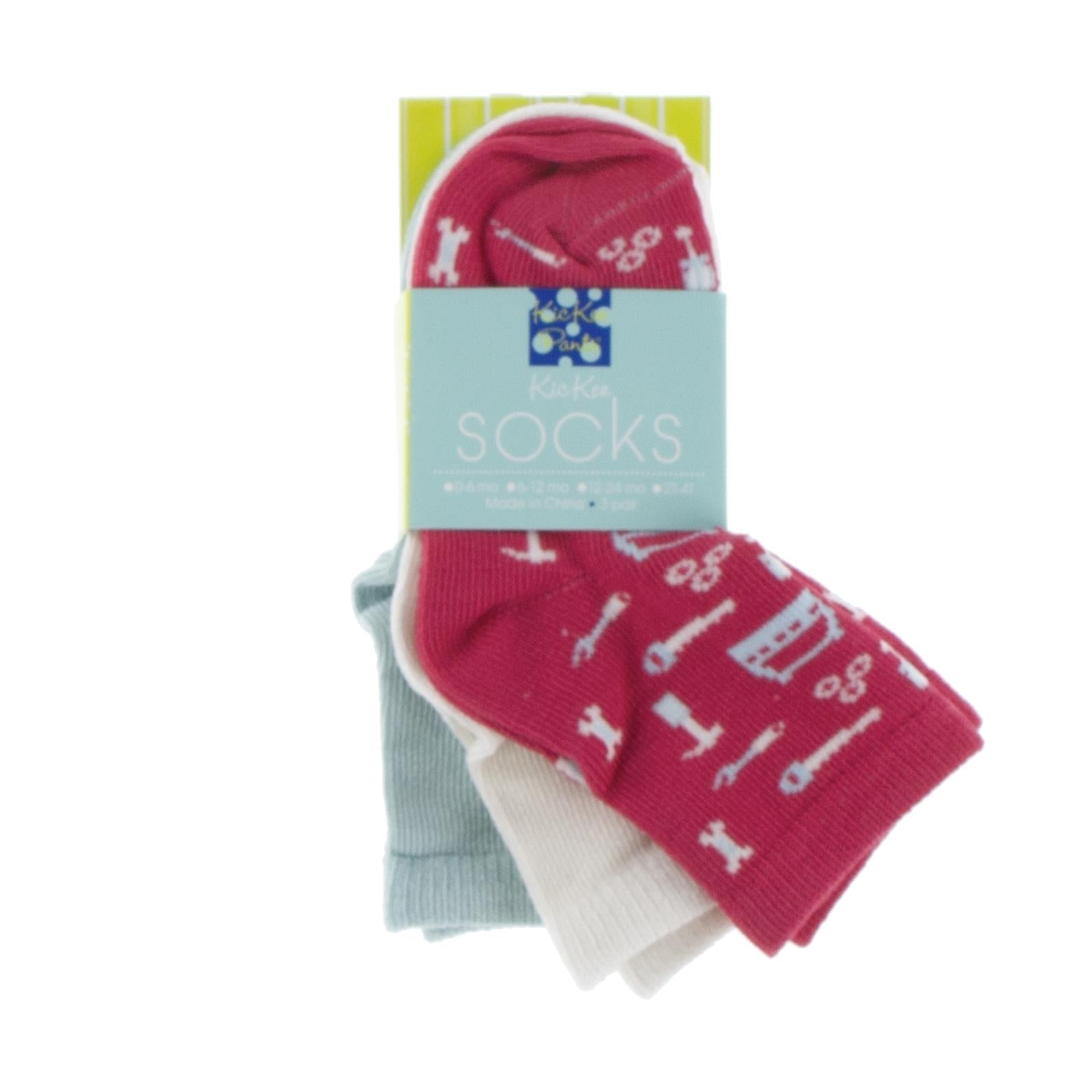 Socks (Set of 3) in Natural, Spring Sky & Flag Red Construction