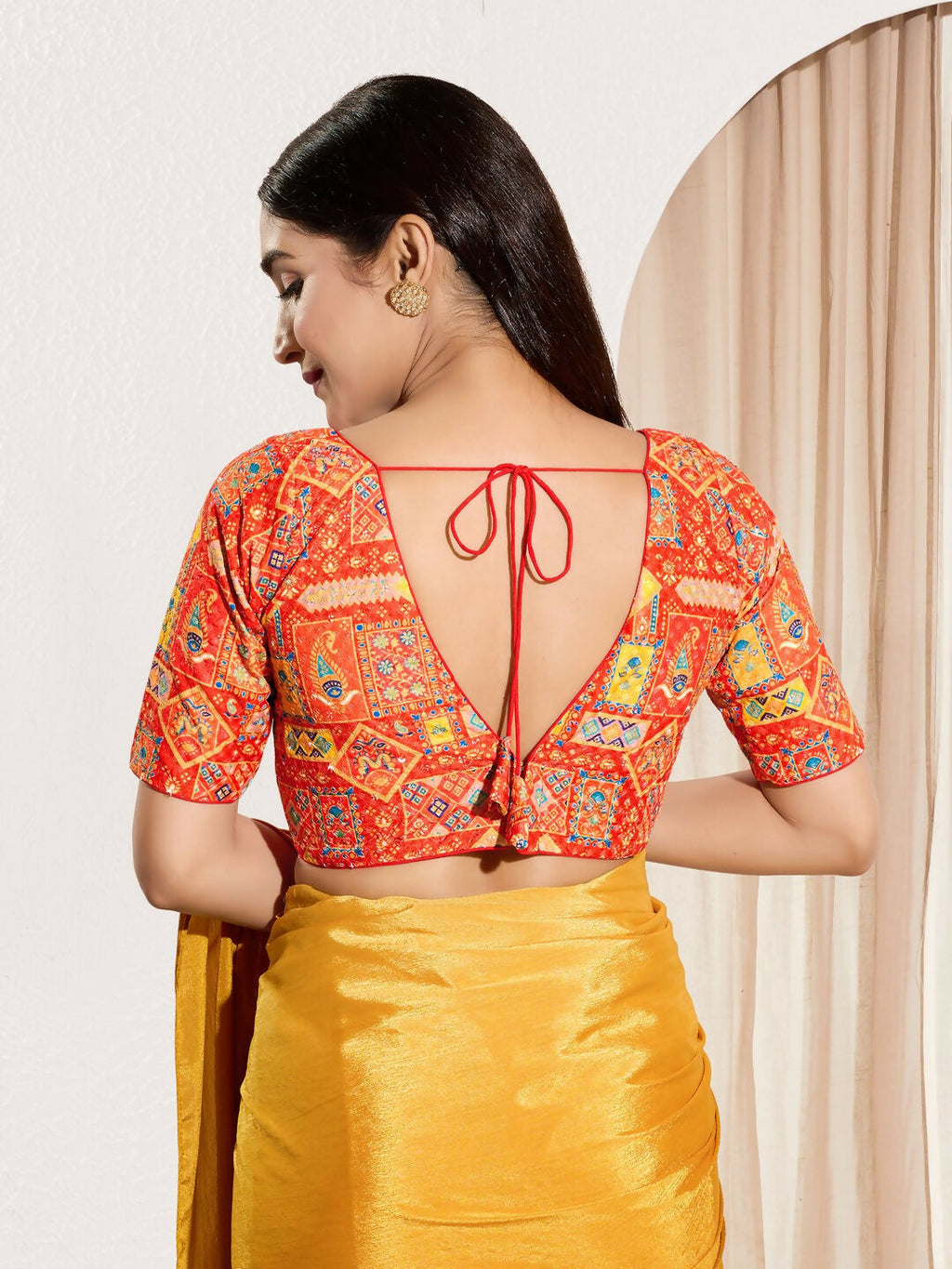 Joban Fashion Orange Viscose Rayon Padded Blouse With V Neck Elbow Sleeves