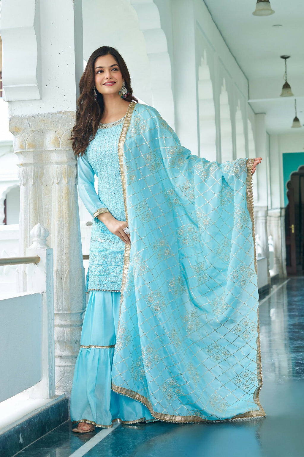 Sky Blue Chinon Silk Embroidered Sequence Work Kurta Set