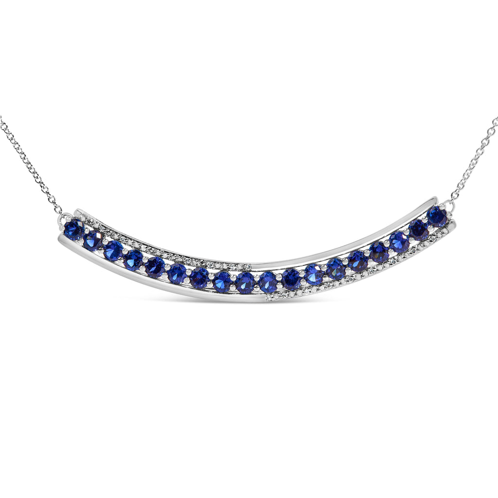 .925 Sterling Silver Diamond Accent and Round Blue Sapphire Gemstone Necklace