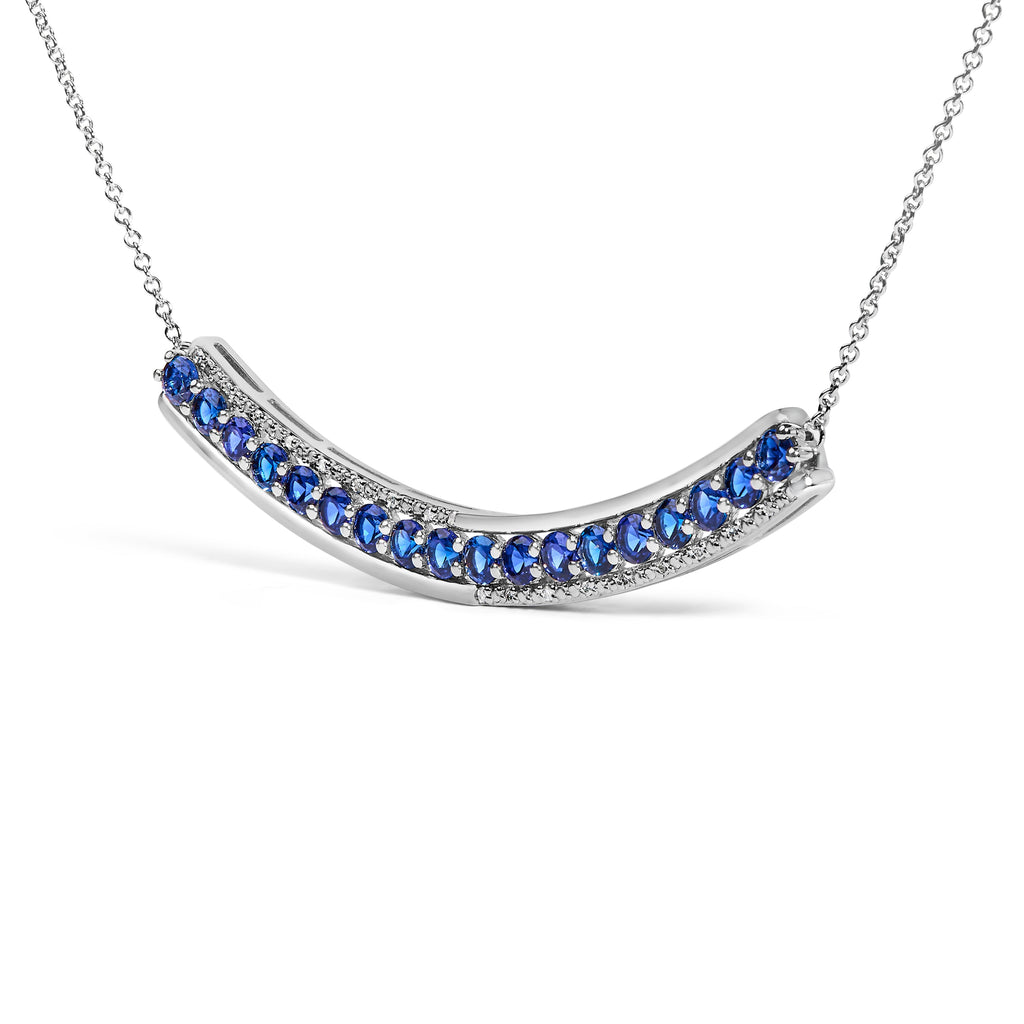 .925 Sterling Silver Diamond Accent and Round Blue Sapphire Gemstone Necklace