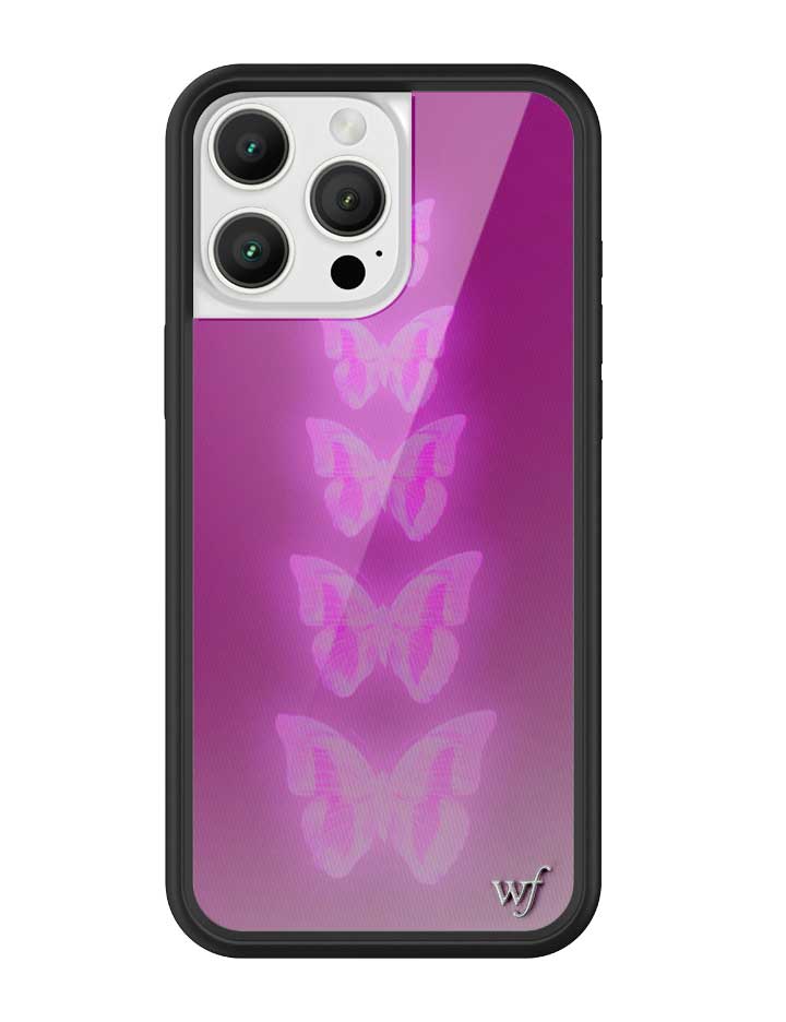 Neon Butterfly iPhone case with pink butterflies on a plum background and black bumper
