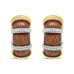 18K Yellow and White Gold Flash Plated .925 Sterling Silver Clear Brown Enamel 9/10 Cttw Round Diamonds Huggie Hoop Earrings (F-G Color, VS1-VS2 Clarity)