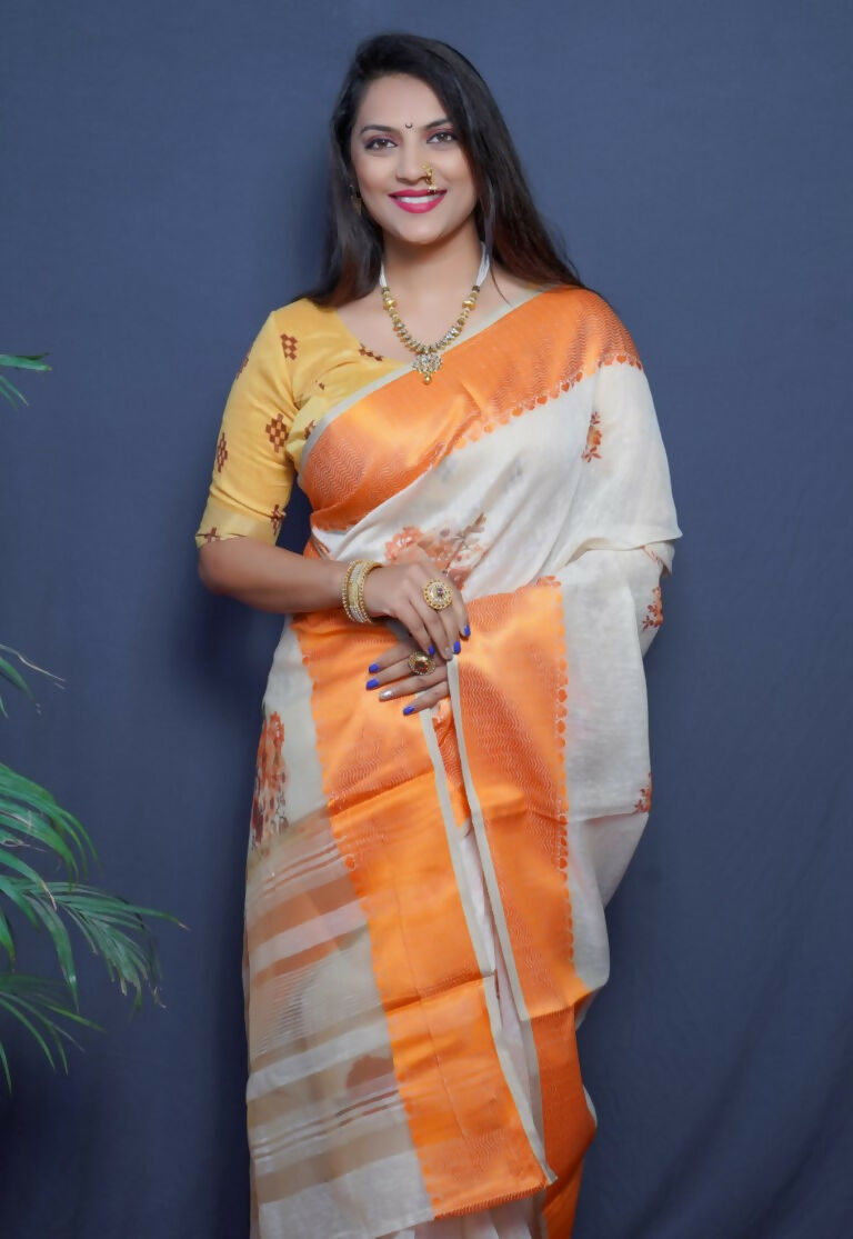 Orange Linen Silk Digital Print Saree with Jacquard Border