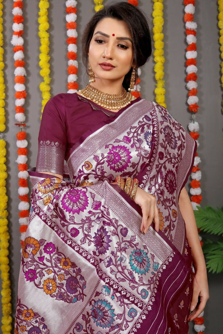 Wine Banarasi Silk Saree with Zari Woven Patterns and Blouse
