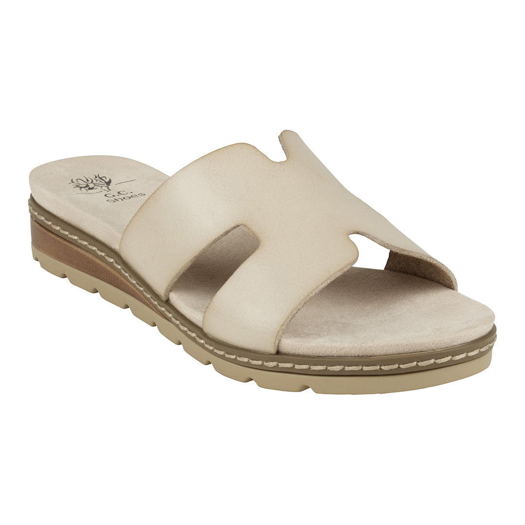 GC Shoes Women's Nellie Beige Cut-Out Slide Flat Sandals in Vegan Leather and Slip on Design