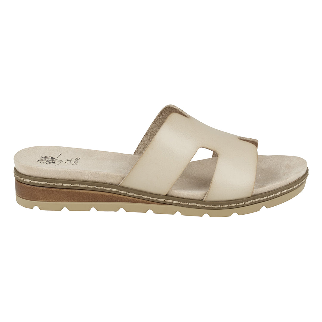 GC Shoes Women's Nellie Beige Cut-Out Slide Flat Sandals in Vegan Leather and Slip on Design