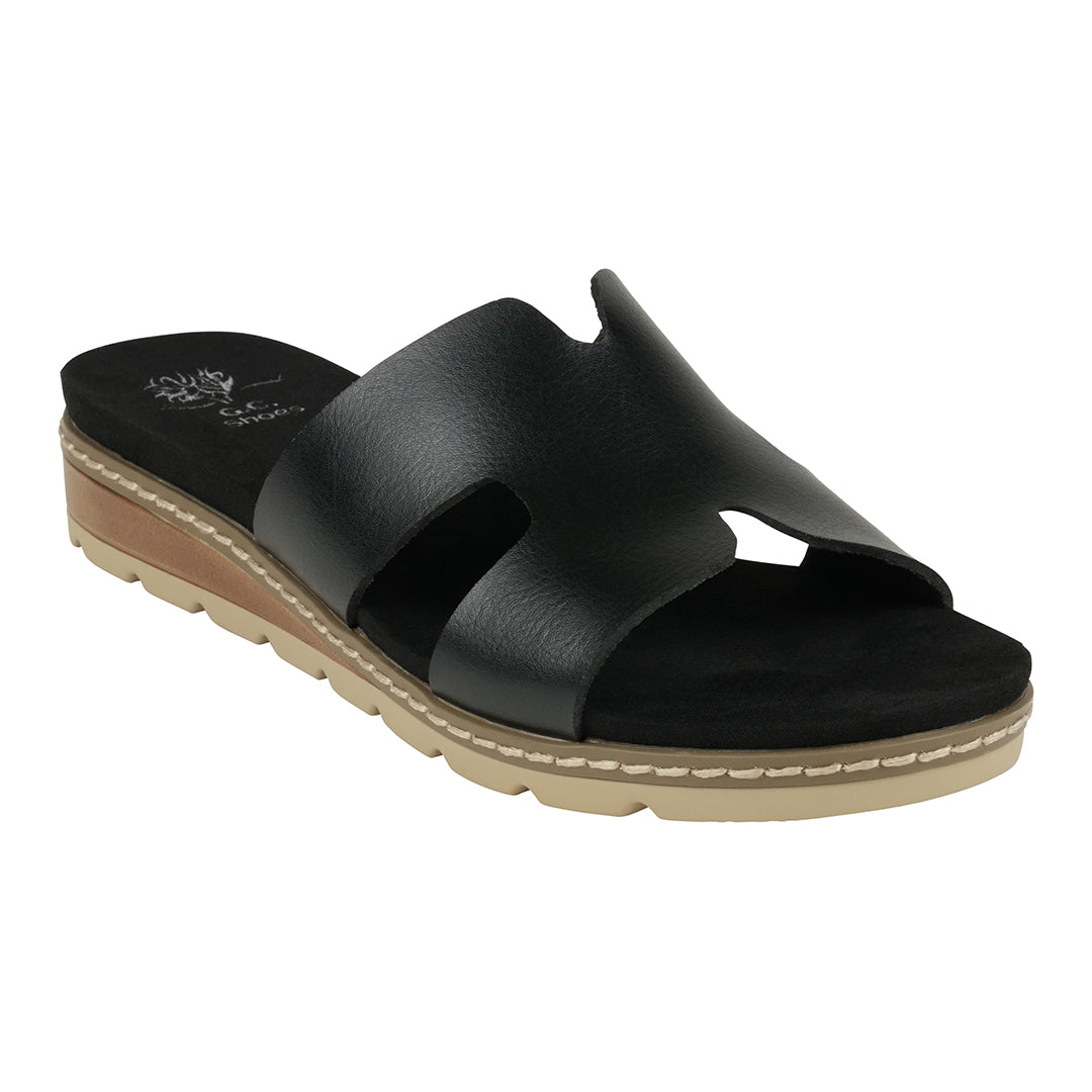 GC Shoes Women's Nellie Black Cut-Out Slide Flat Sandals in Vegan Leather and Slip on Design