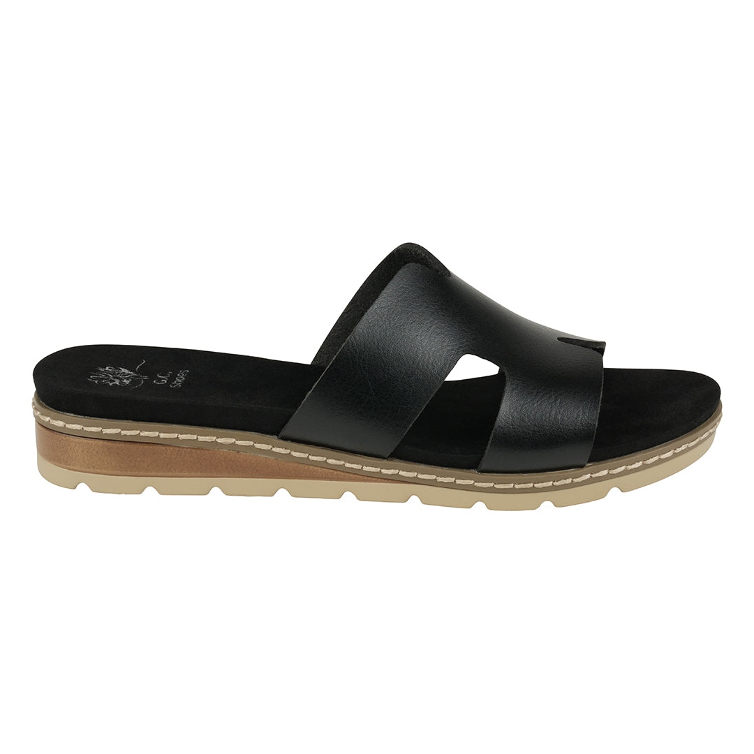 GC Shoes Women's Nellie Black Cut-Out Slide Flat Sandals in Vegan Leather and Slip on Design