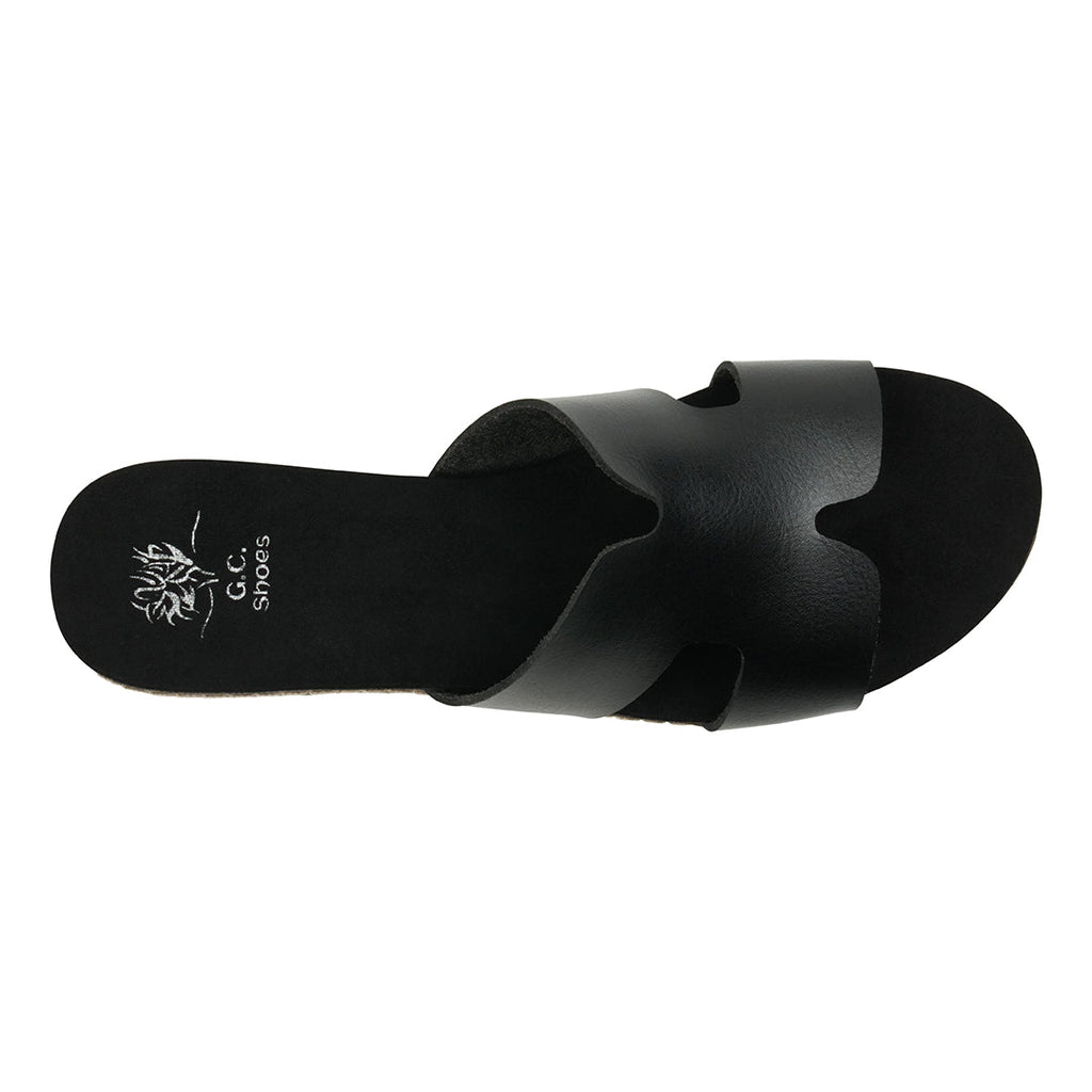 GC Shoes Women's Nellie Black Cut-Out Slide Flat Sandals in Vegan Leather and Slip on Design