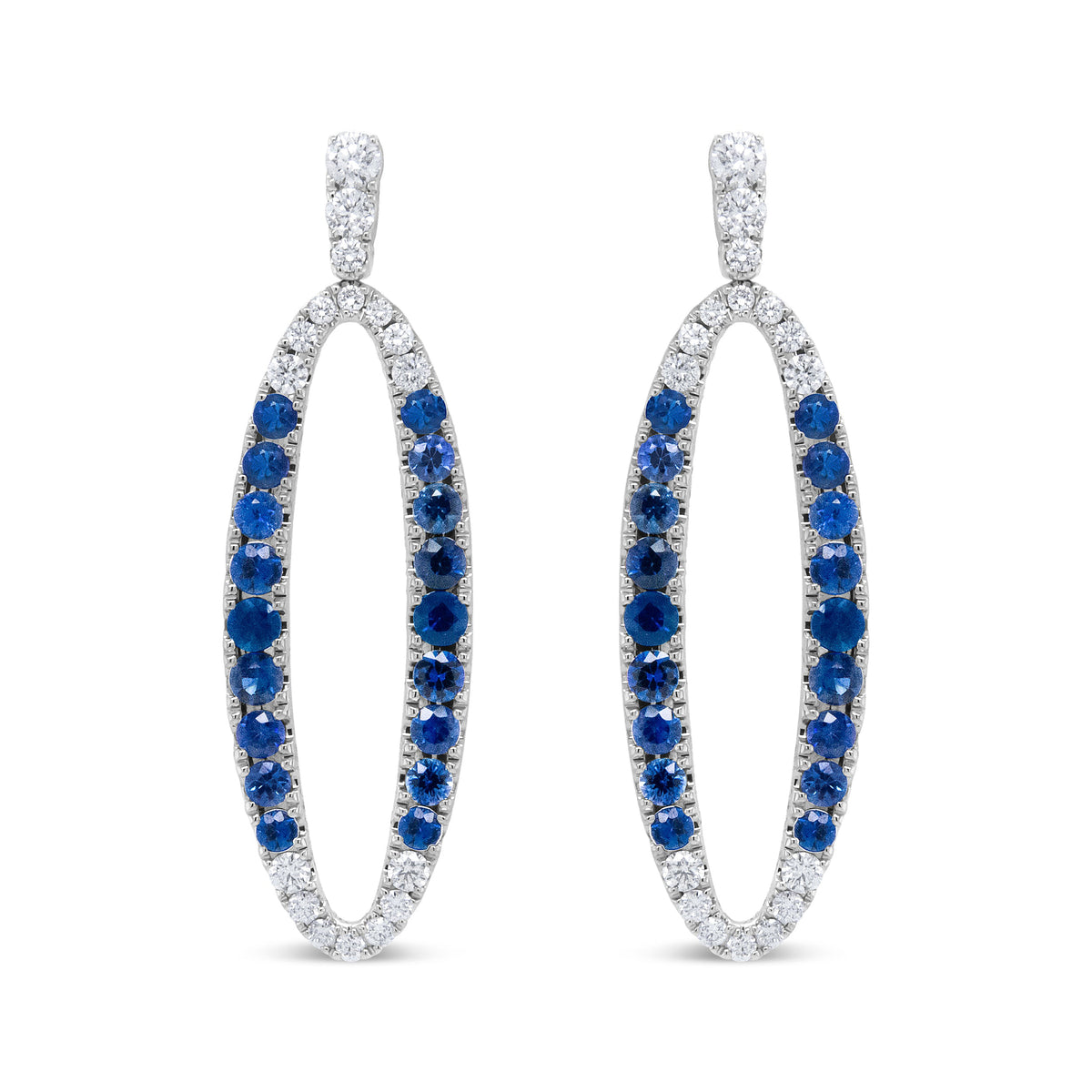 18K White Gold 1.11 Cttw Blue Round Diamond and Blue Sapphire Openwork Oval Shaped Dangle Earrings (F-G Color, VS1-VS2 Clarity)