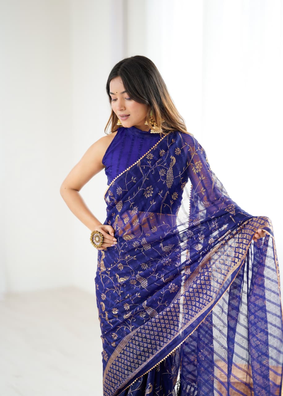 Lorenvalley Fashion Navy Blue Solo Georgette Superb Finishing Foils Print & Fancy Zalar Lace in Border Saree with Blouse