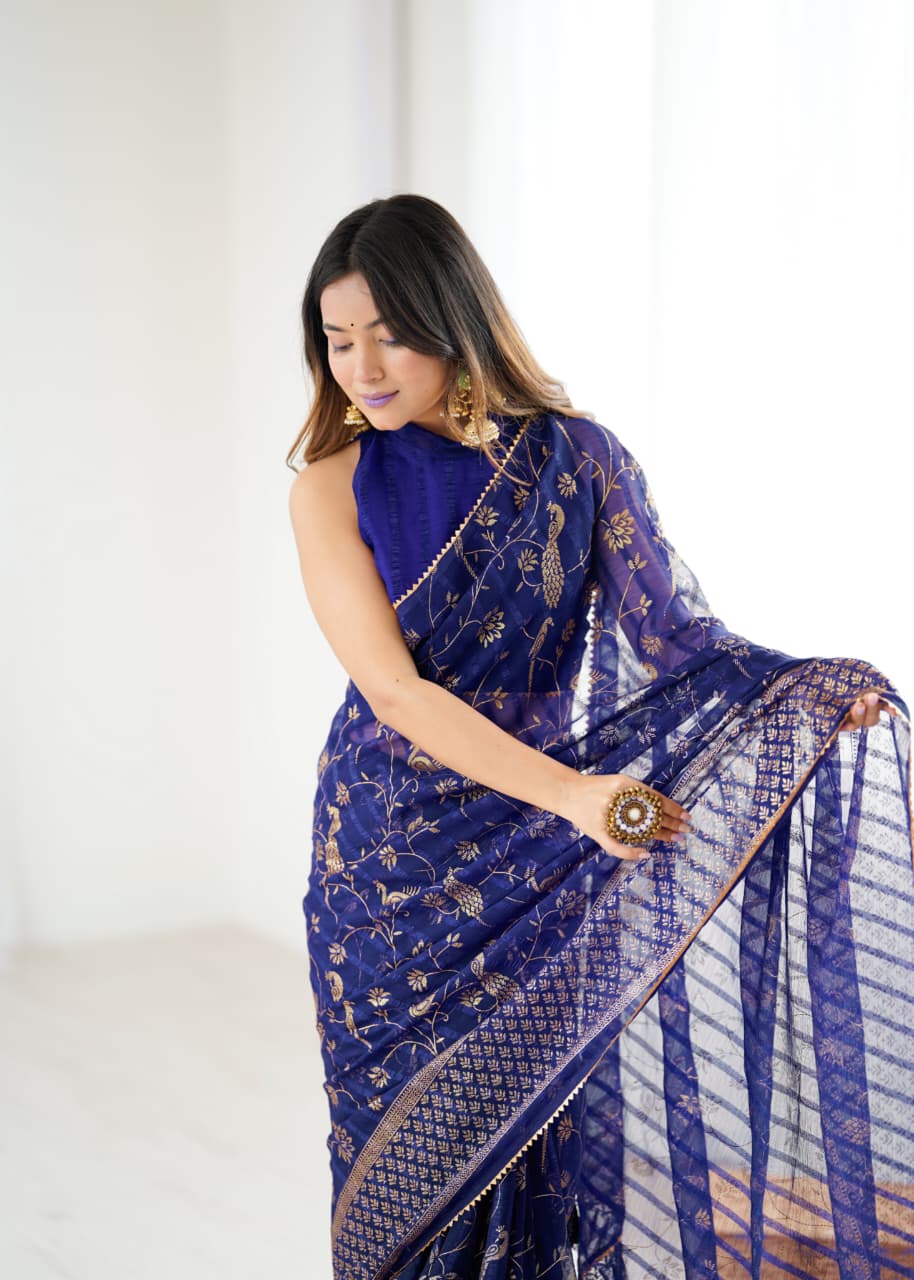 Lorenvalley Fashion Navy Blue Solo Georgette Superb Finishing Foils Print & Fancy Zalar Lace in Border Saree with Blouse