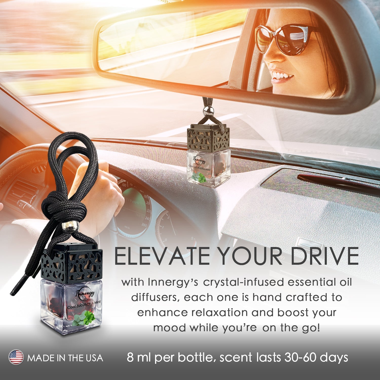 Cool Eucalyptus Mint Crystal-Enhanced Oil Diffuser, Car Air Freshener, 8ml