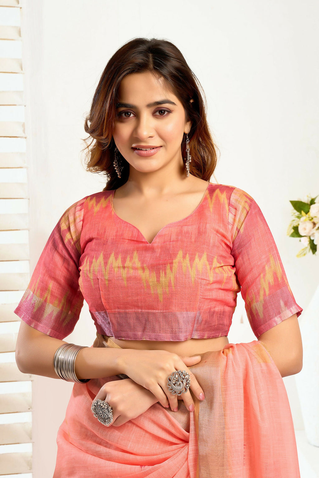 Peach Ikkat Print Linen Ready To Wear Saree with Blouse Piece