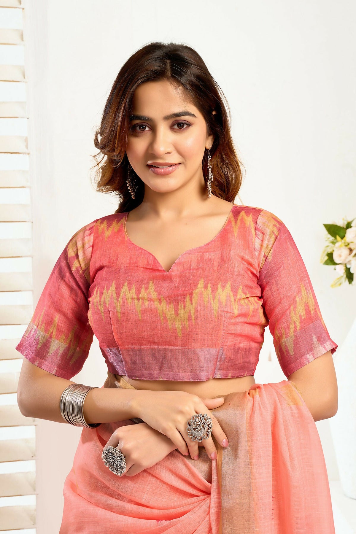 Peach Ikkat Print Linen Ready To Wear Saree with Blouse Piece