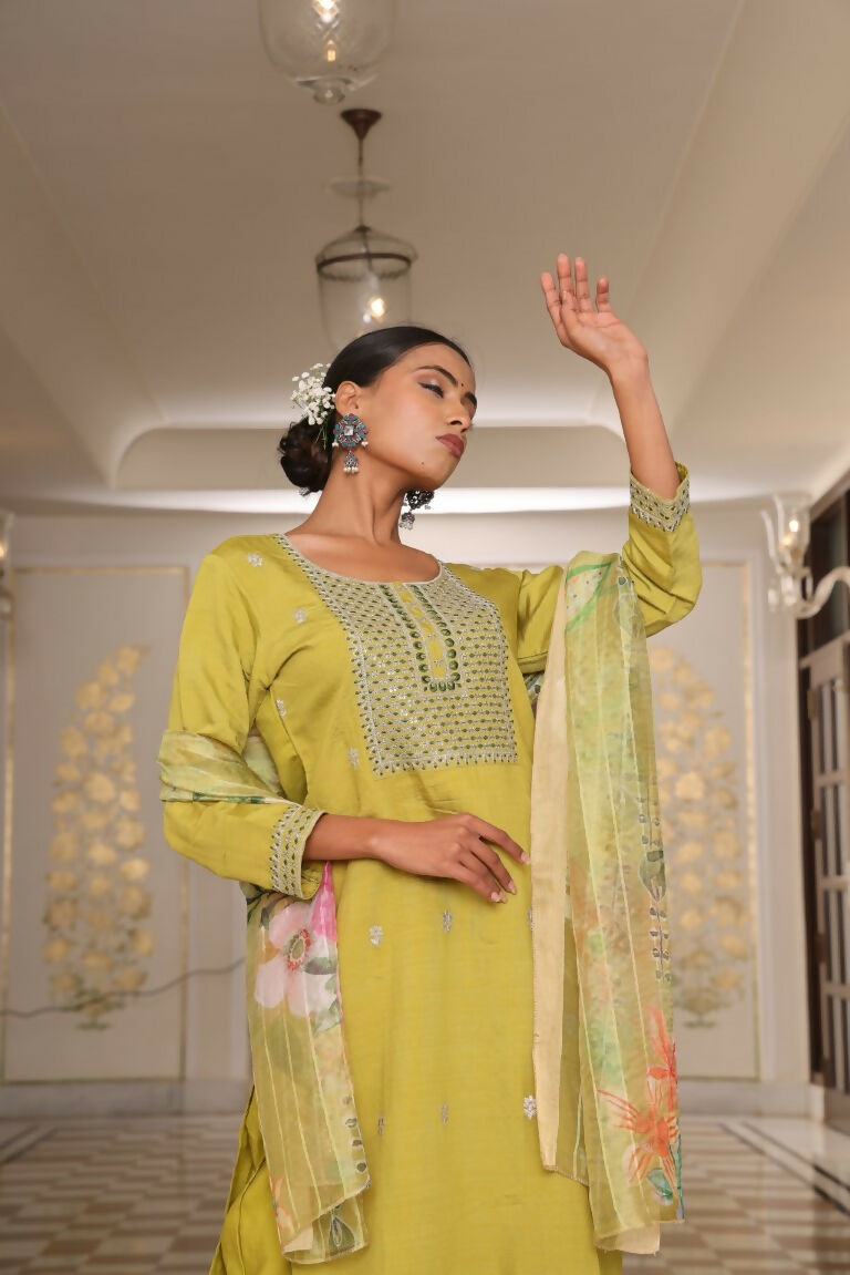 Women's Light Yellow Cotton Silk Floral Print Embroidered Kurta Set