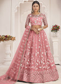 Peach butterfly net lehenga with intricate thread embroidery for wedding occasions