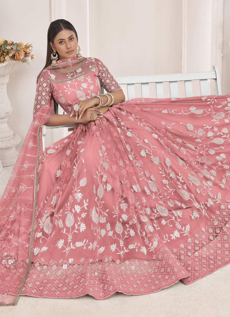 Peach Butterfly Net Embroidered Thread Wedding Lehenga Choli