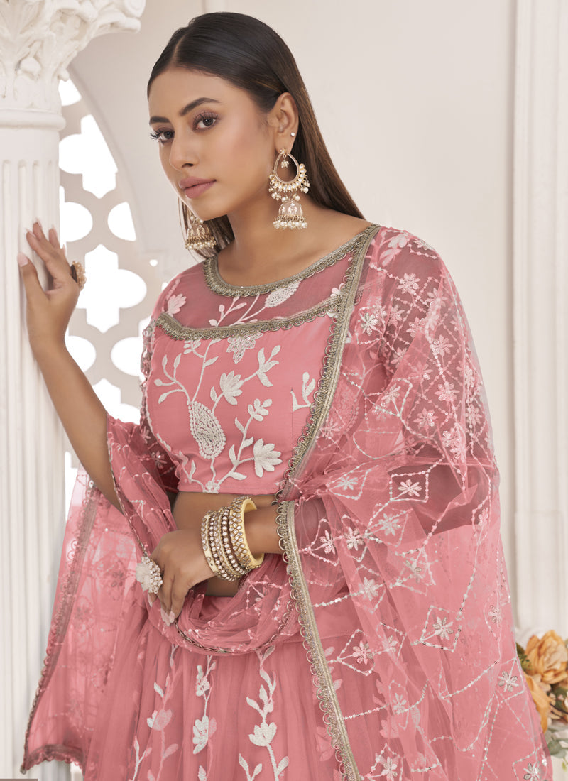 Peach Butterfly Net Embroidered Thread Wedding Lehenga Choli