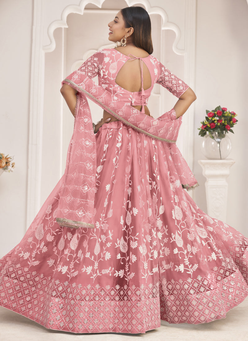 Peach Butterfly Net Embroidered Thread Wedding Lehenga Choli
