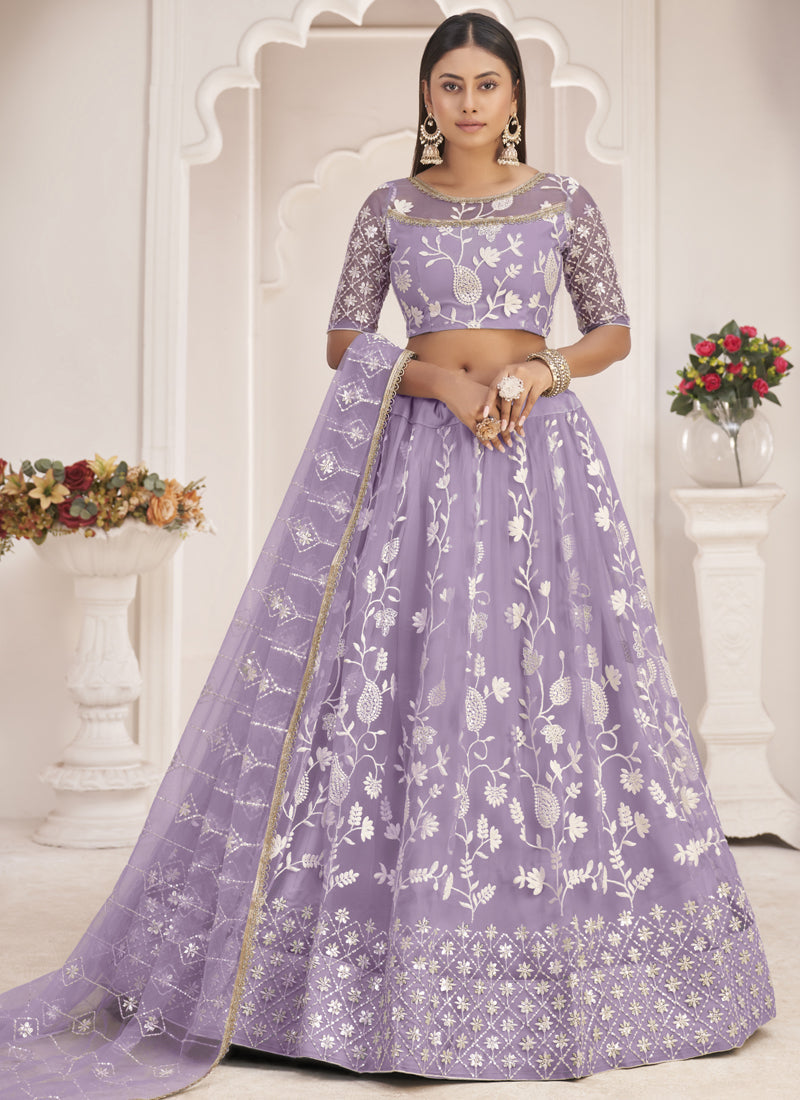 Lavender butterfly net lehenga set with thread embroidery for wedding
