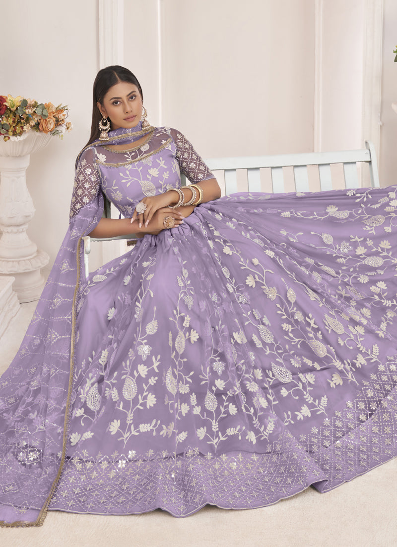 Lavender Butterfly Net Thread Embroidered Wedding Lehenga Set