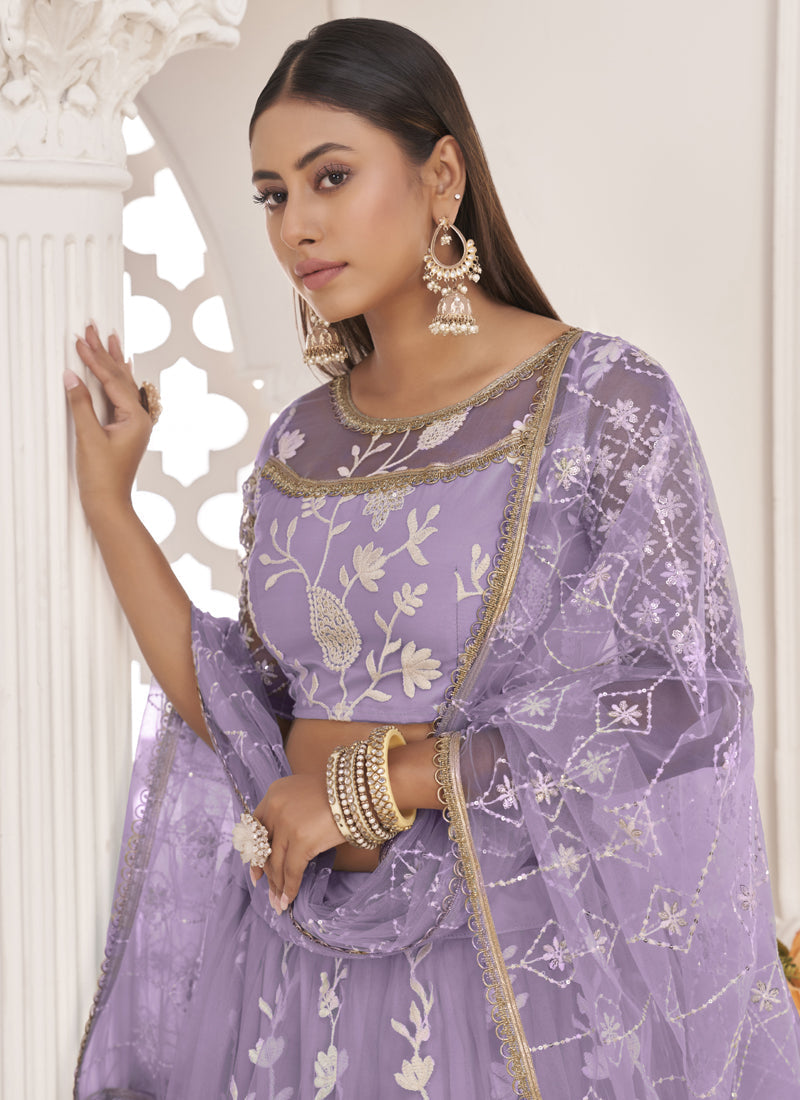 Lavender Butterfly Net Thread Embroidered Wedding Lehenga Set