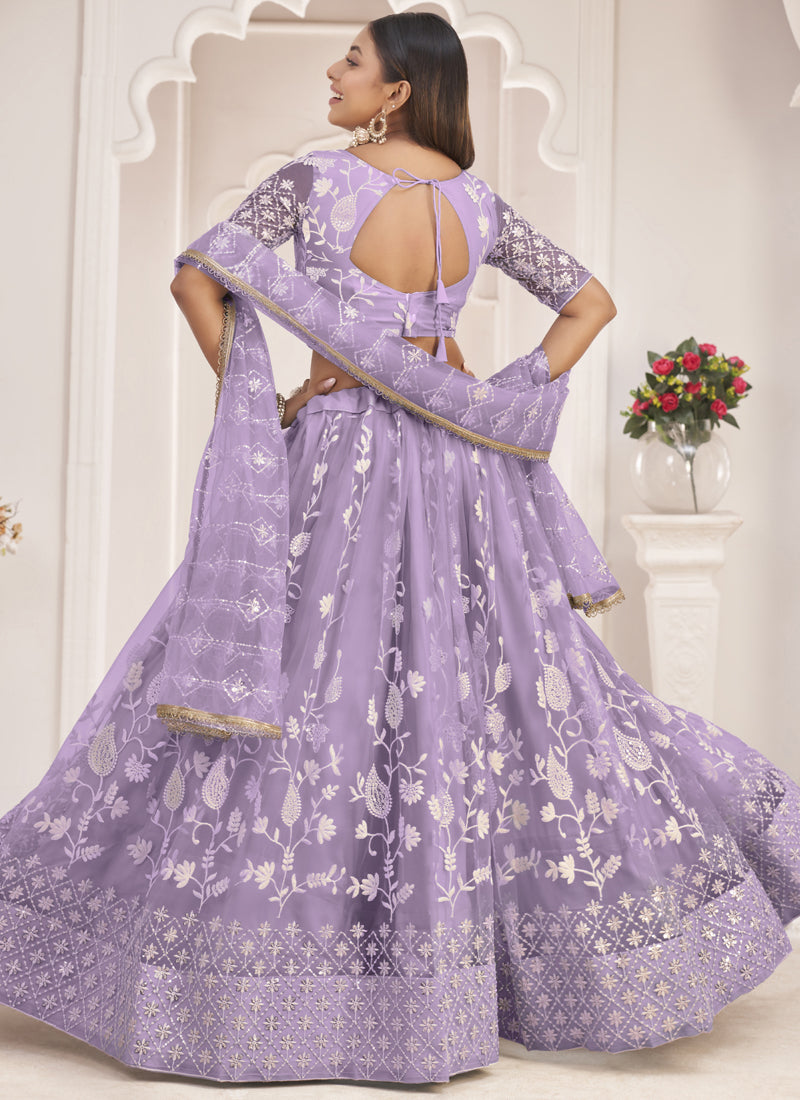 Lavender Butterfly Net Thread Embroidered Wedding Lehenga Set