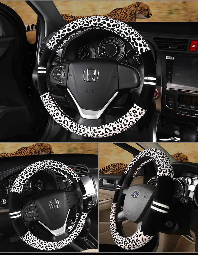 Winter Car Steering Wheel Cover - Plush Leopard Print