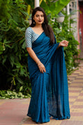 Blue jute silk jacquard saree with batik print blouse piece